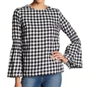 beachlunchlounge Checkered Plaid Bell Sleeve Blouse Black & White